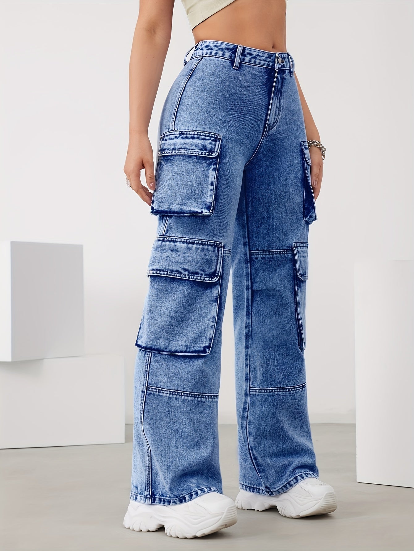 High-Waist Denim Cargo Pants