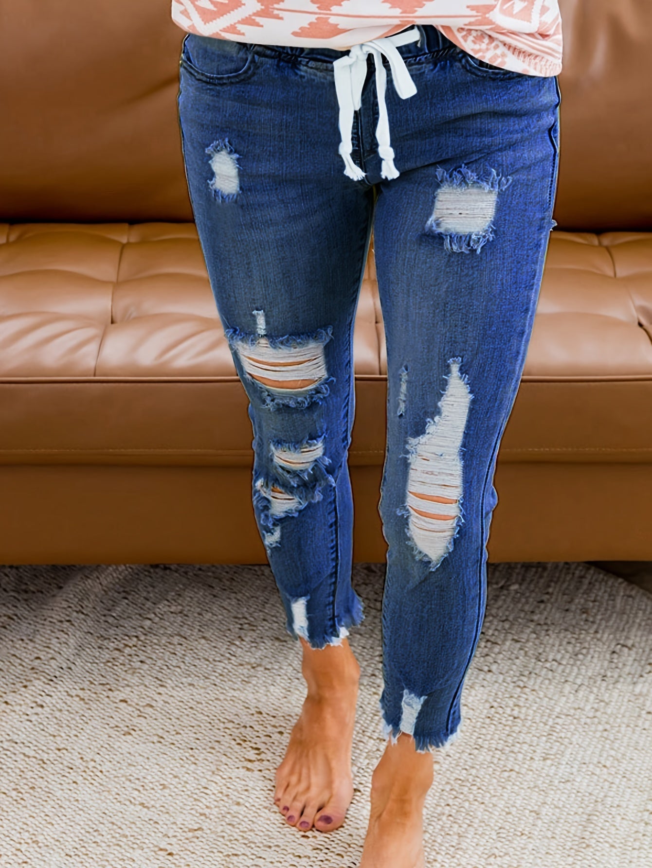 Fashion-Forward Womens Ripped Stretch Denim Pants - Elastic Waist Drawstring for Ultimate Comfort, Slim Fit, Perfect for Casual Outings and Stylish Parties