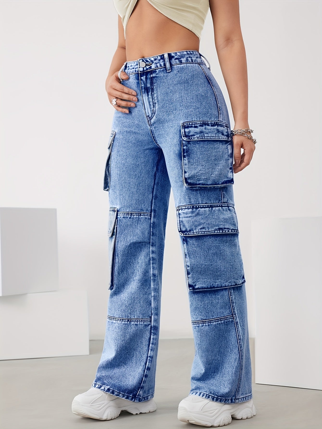 High-Waist Denim Cargo Pants