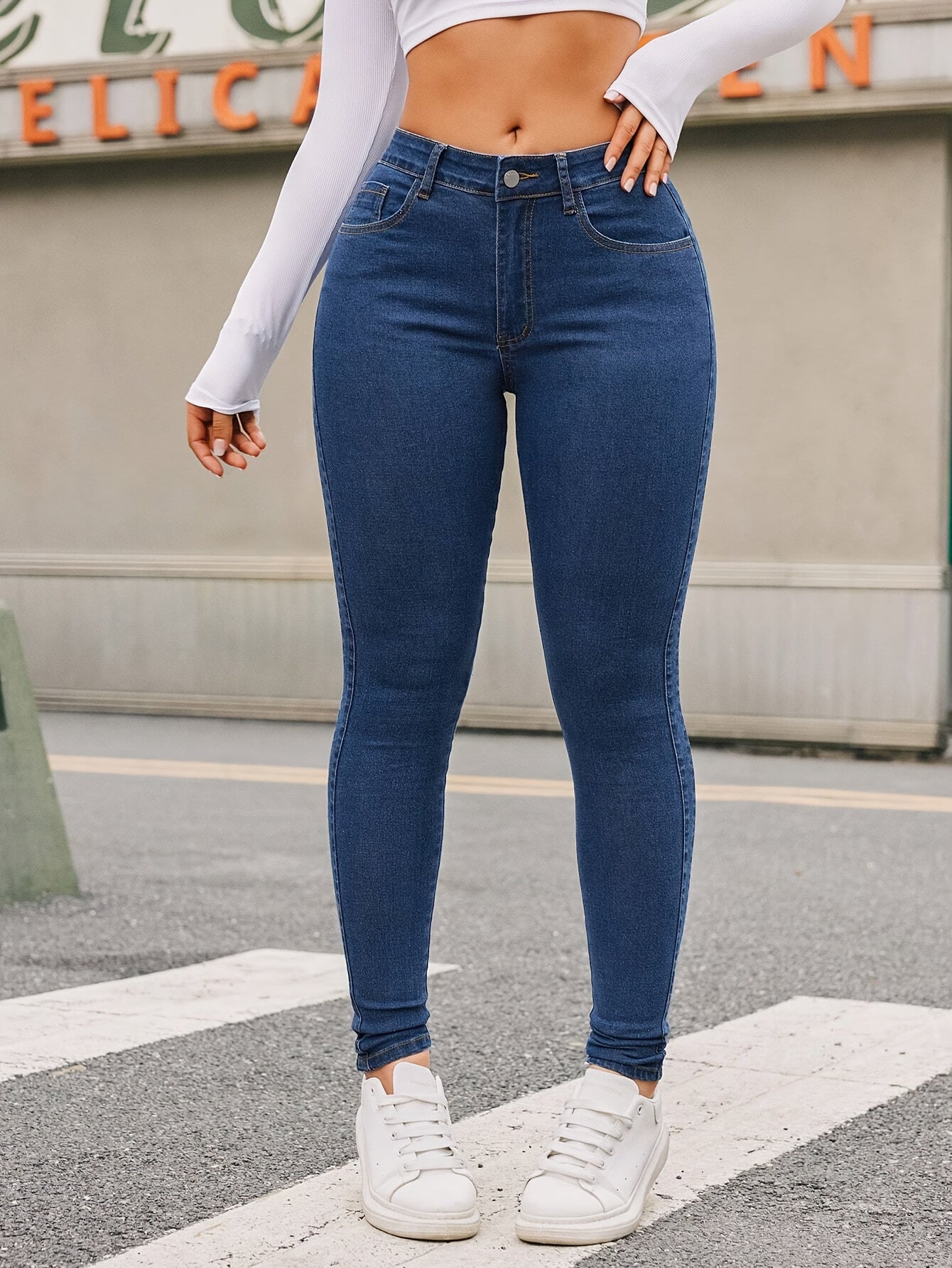 Plain High-Waist Skinny Jeans