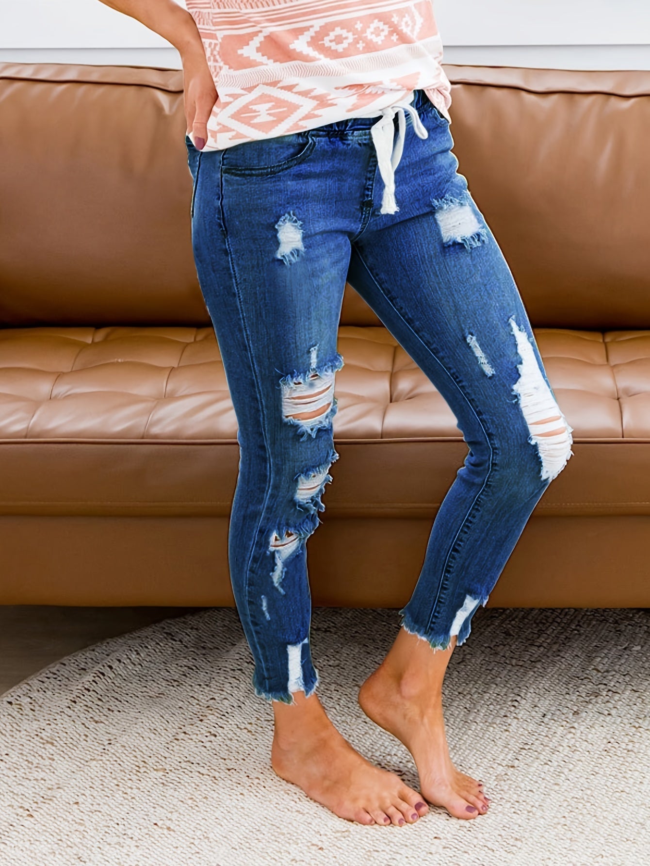 Fashion-Forward Womens Ripped Stretch Denim Pants - Elastic Waist Drawstring for Ultimate Comfort, Slim Fit, Perfect for Casual Outings and Stylish Parties