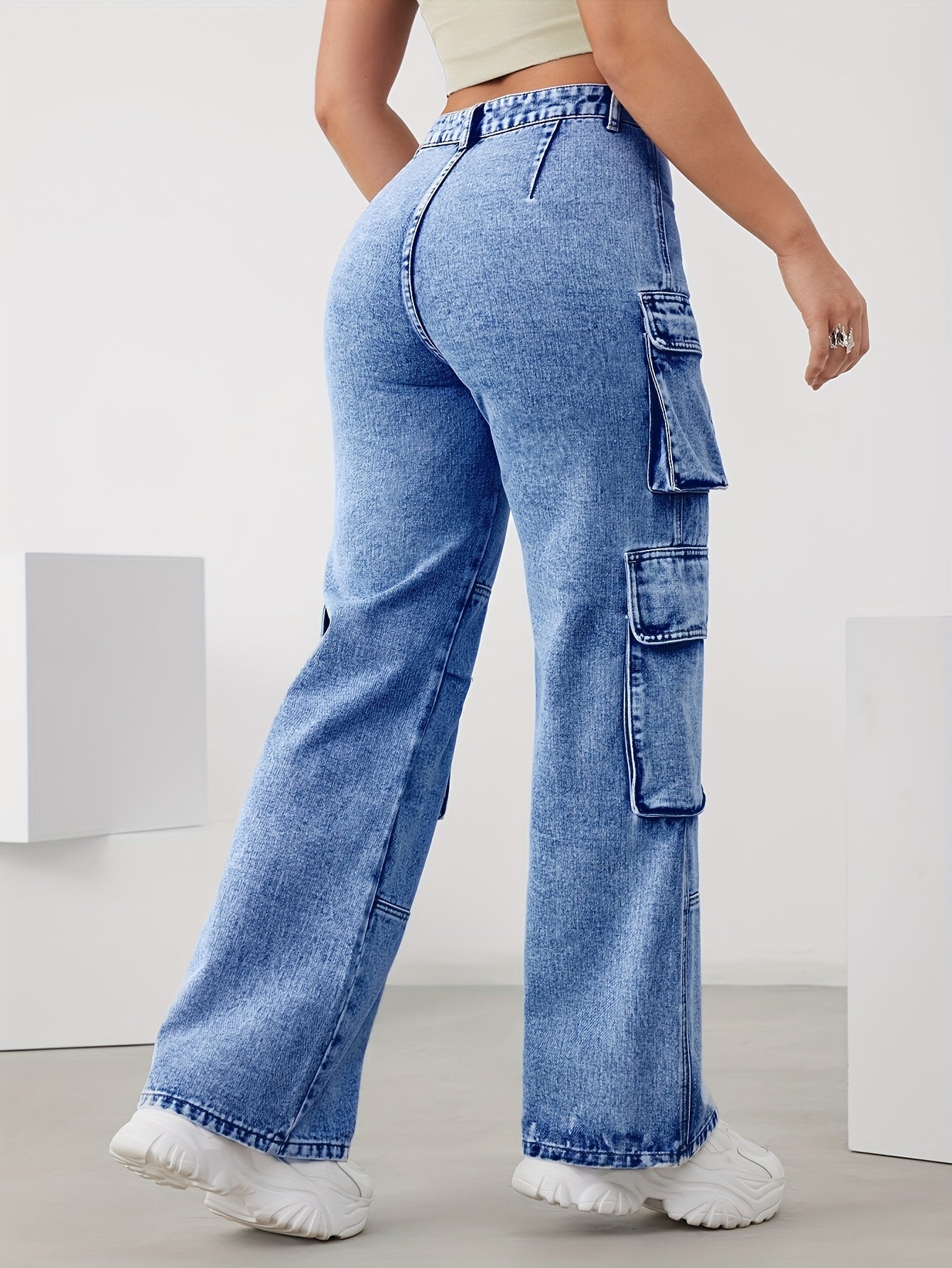 High-Waist Denim Cargo Pants