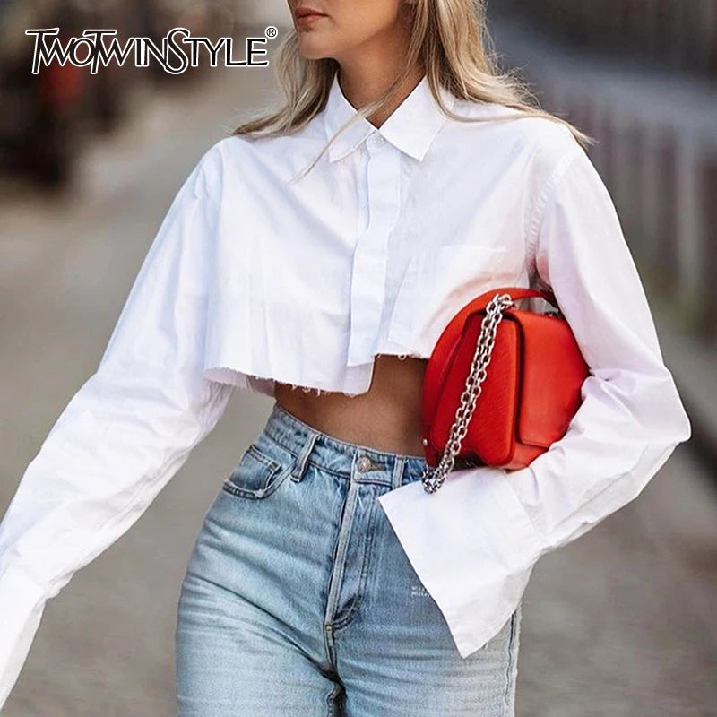 TWOTWINSTYLE Sexy Crop Top Tassel Solid Color Shirt For Women Lapel Collar Long Sleeve Loose Oversized Shirts Female 2022 New