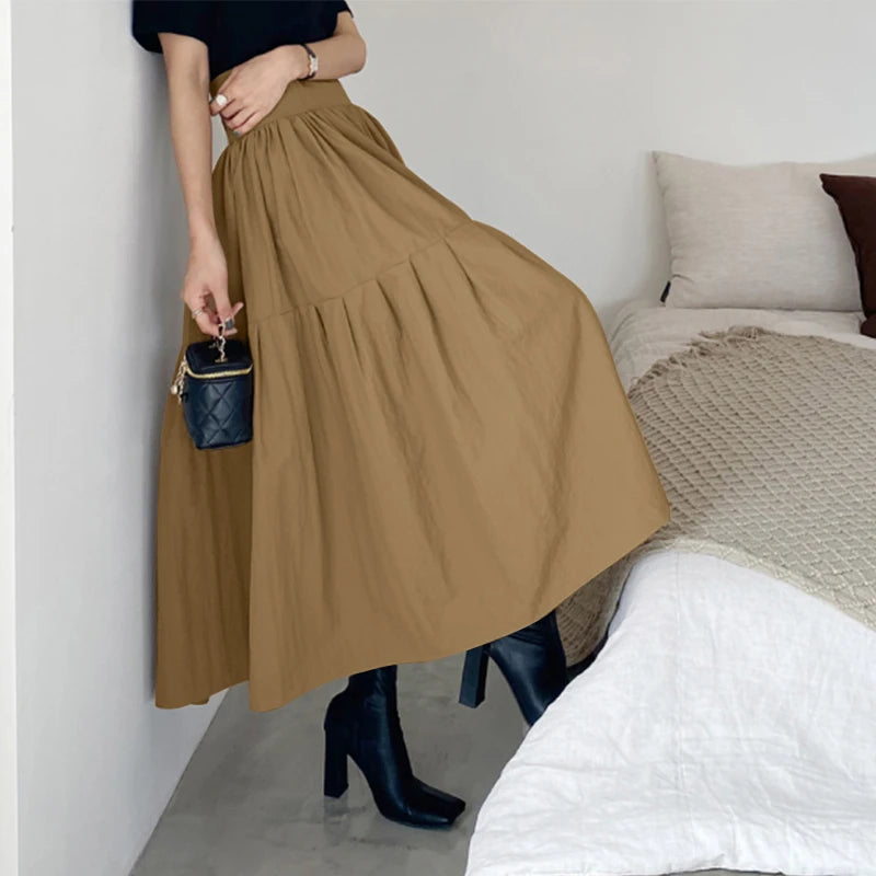 Celmia Fashion Women High Waist Skirt Korean Pleated A-line Party Skirt 2023 Autumn Casual Loose Holiday Zipper Solid Midi Skirt