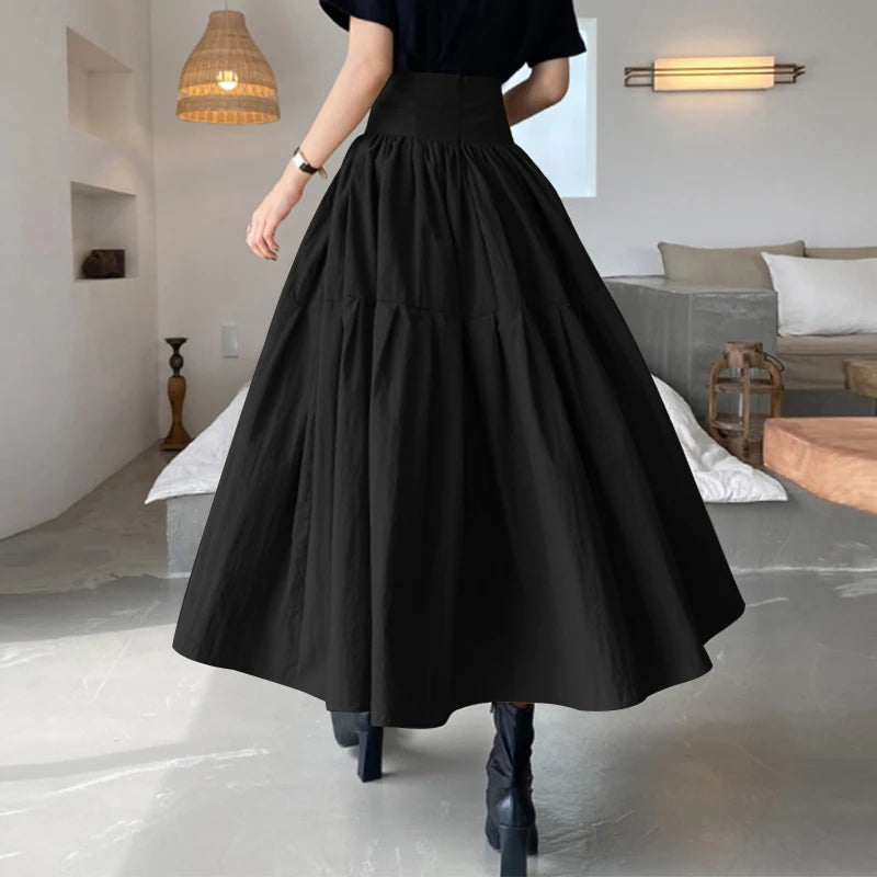 Celmia Fashion Women High Waist Skirt Korean Pleated A-line Party Skirt 2023 Autumn Casual Loose Holiday Zipper Solid Midi Skirt