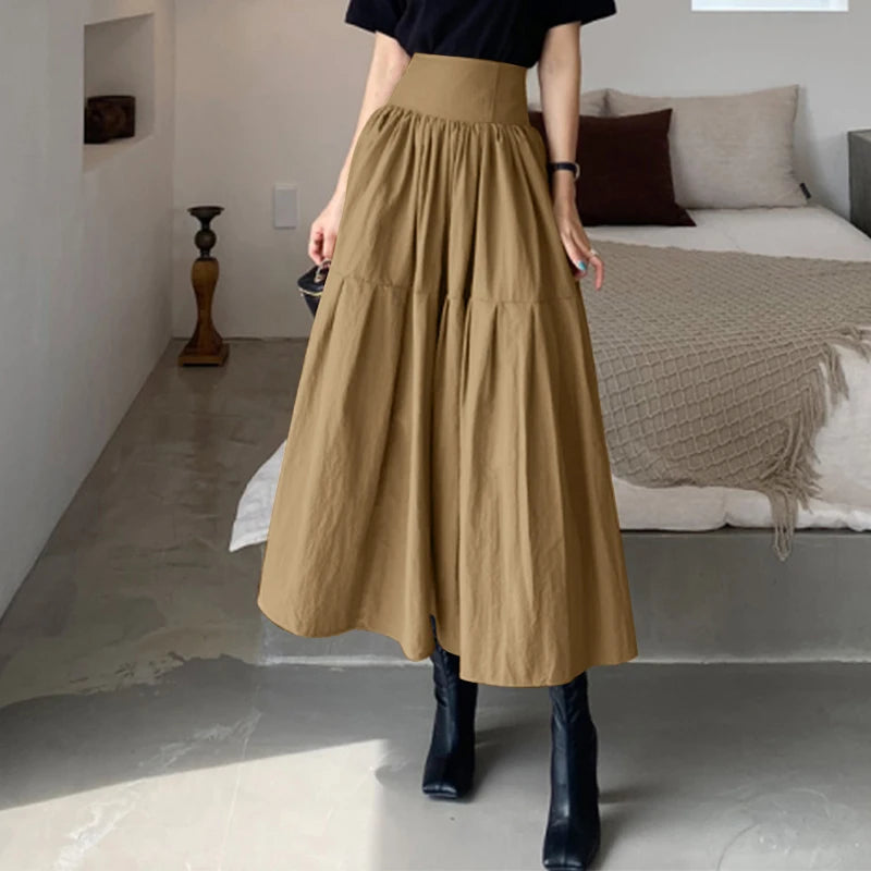 Celmia Fashion Women High Waist Skirt Korean Pleated A-line Party Skirt 2023 Autumn Casual Loose Holiday Zipper Solid Midi Skirt