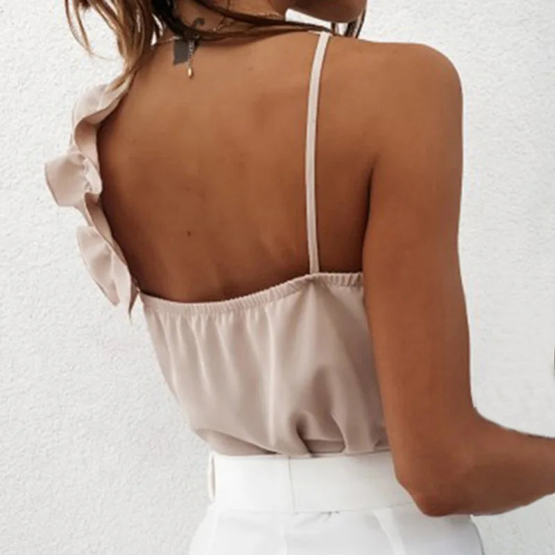 Ruffled V-Neck Backless Blouse