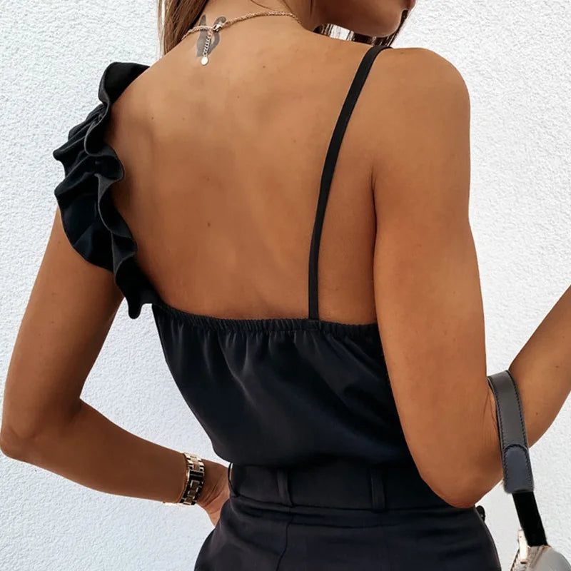 Ruffled V-Neck Backless Blouse