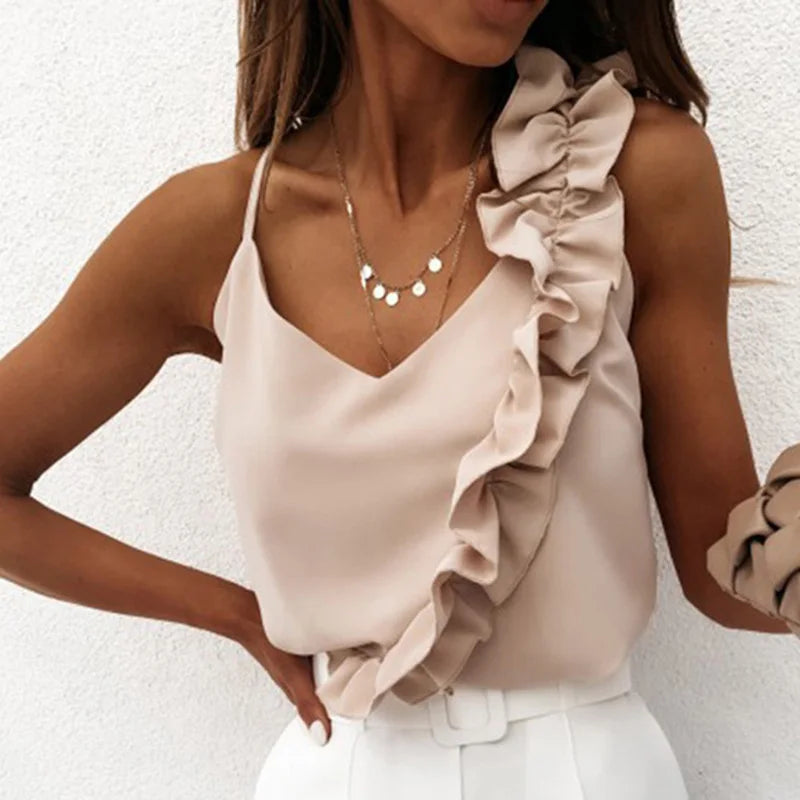 Ruffled V-Neck Backless Blouse