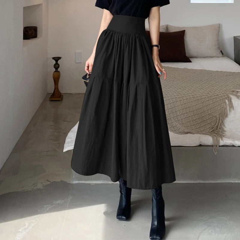 Celmia Fashion Women High Waist Skirt Korean Pleated A-line Party Skirt 2023 Autumn Casual Loose Holiday Zipper Solid Midi Skirt