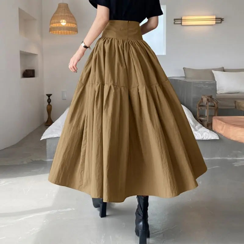 Celmia Fashion Women High Waist Skirt Korean Pleated A-line Party Skirt 2023 Autumn Casual Loose Holiday Zipper Solid Midi Skirt