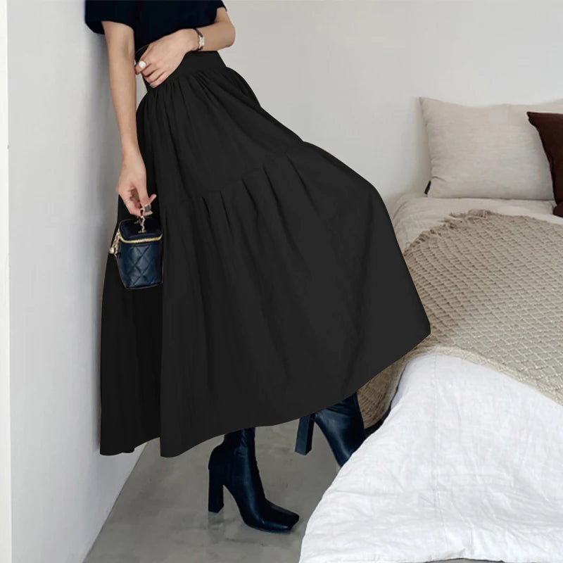 Celmia Fashion Women High Waist Skirt Korean Pleated A-line Party Skirt 2023 Autumn Casual Loose Holiday Zipper Solid Midi Skirt