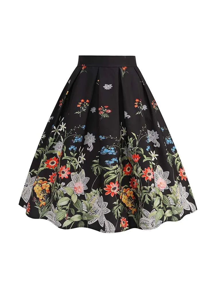 Summer Vintage Rockabilly Skirt 50s 60s Casual Knee Length Women Big Swing Midi Skirts