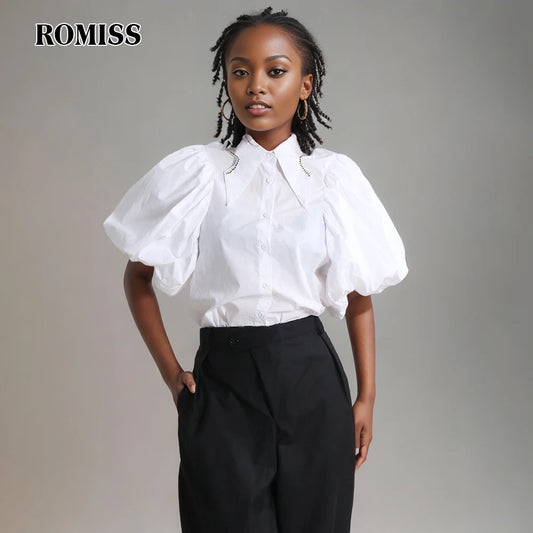 ROMISS Puff Sleeve Short Shirts For Women Lapel Patchwork Diamonds Solid Loose Blouses Female Fashion Clothing Spring 2024 New