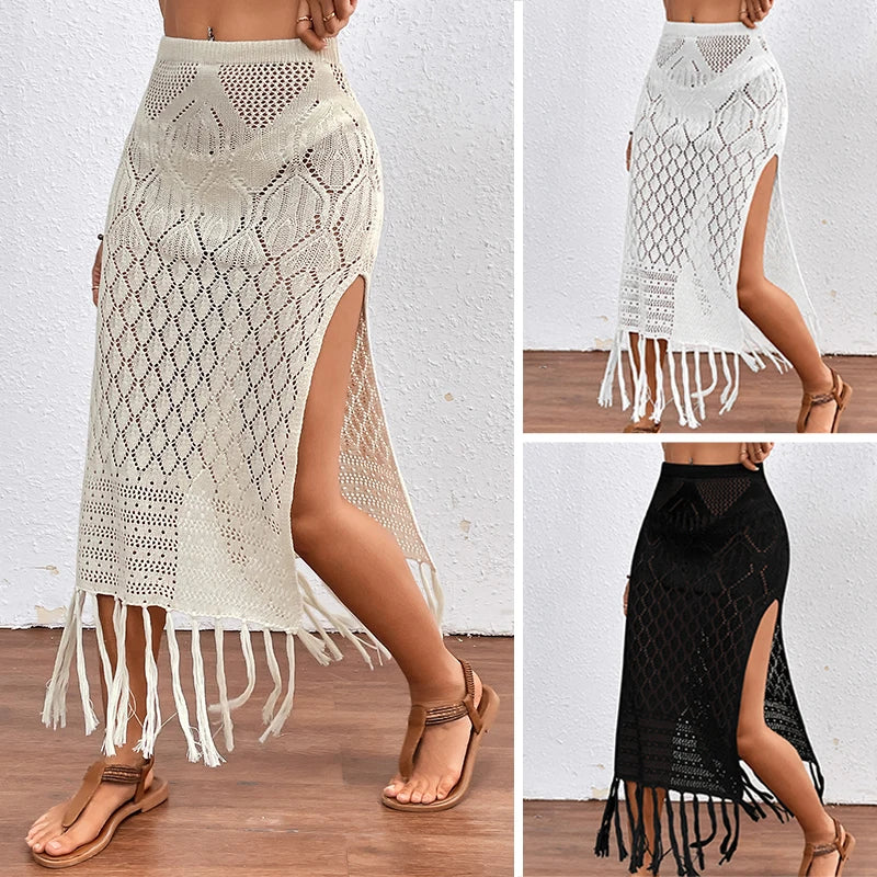 Women Knitted Texture Sarong Skirts Sexy High Slit Tassel Cover-Up Beach Summer Vacation Wrapped Skirt Bikini Cover Up