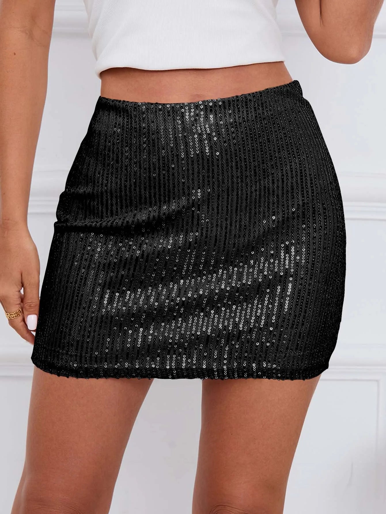 Glitter Sequined Solid Bodycon Mini Skirt, Elegant Mini Pencil Skirt, Women's Clothing