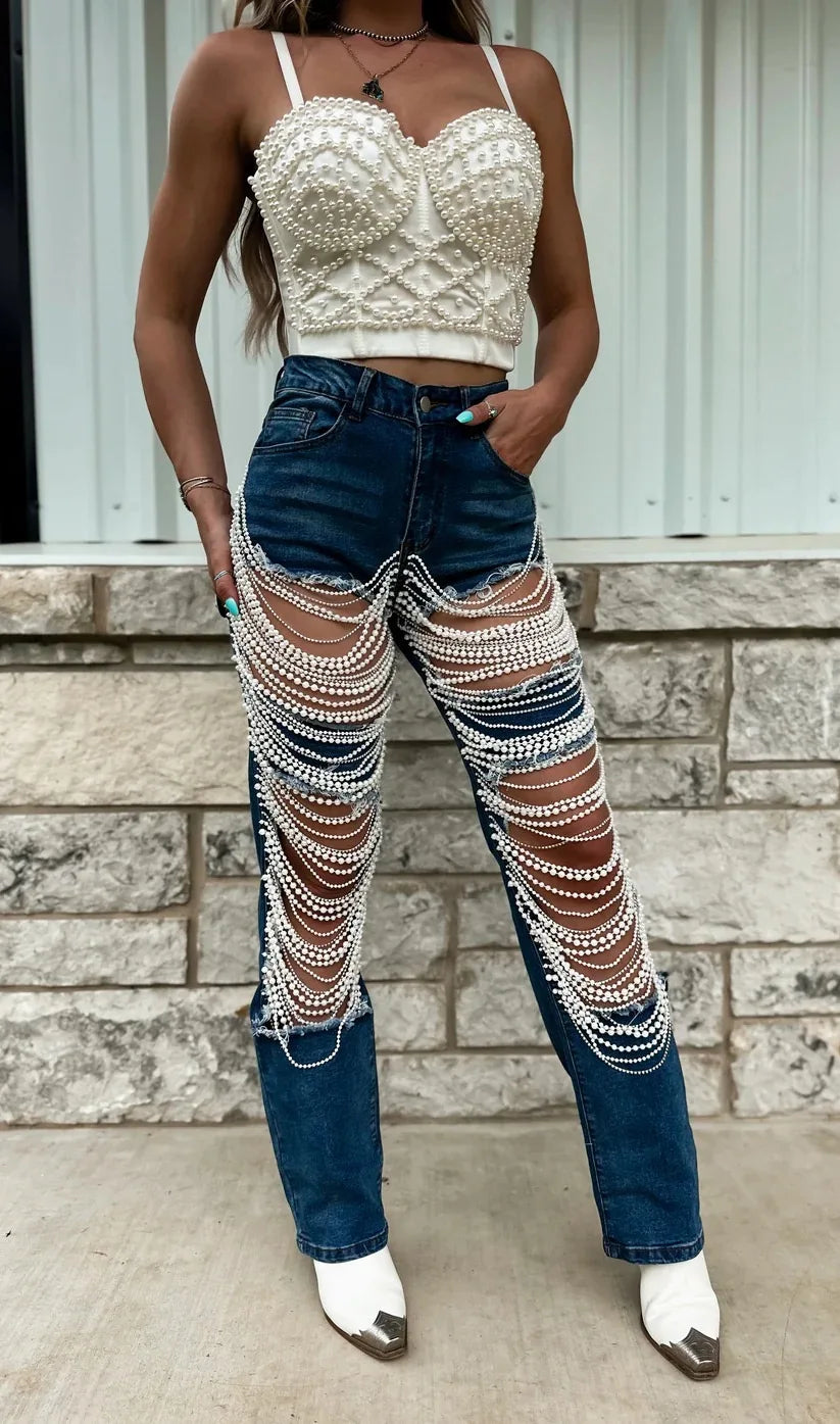 Pearl Detail Cutout Jeans