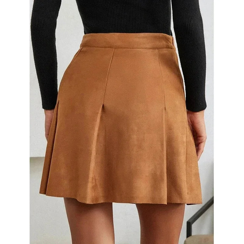 Vintage Suede Leather Mini Skirts Women Elegant Flared Skirts Ladies High Waist Pleated A-line Circle Skater Skirts Custom New