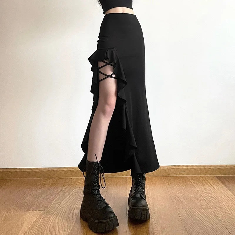 Big Size Women's Spice Girls Summer Wear Irregular Wooden Ear Edge Side Split Black Sweet Coolred Medium Long Half-body Skirt