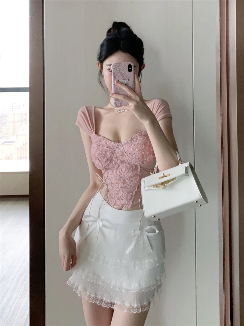 Irregular Lace Strapless Crop Top