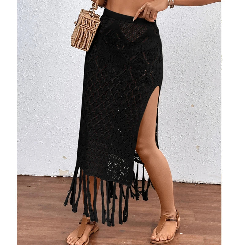 Women Knitted Texture Sarong Skirts Sexy High Slit Tassel Cover-Up Beach Summer Vacation Wrapped Skirt Bikini Cover Up