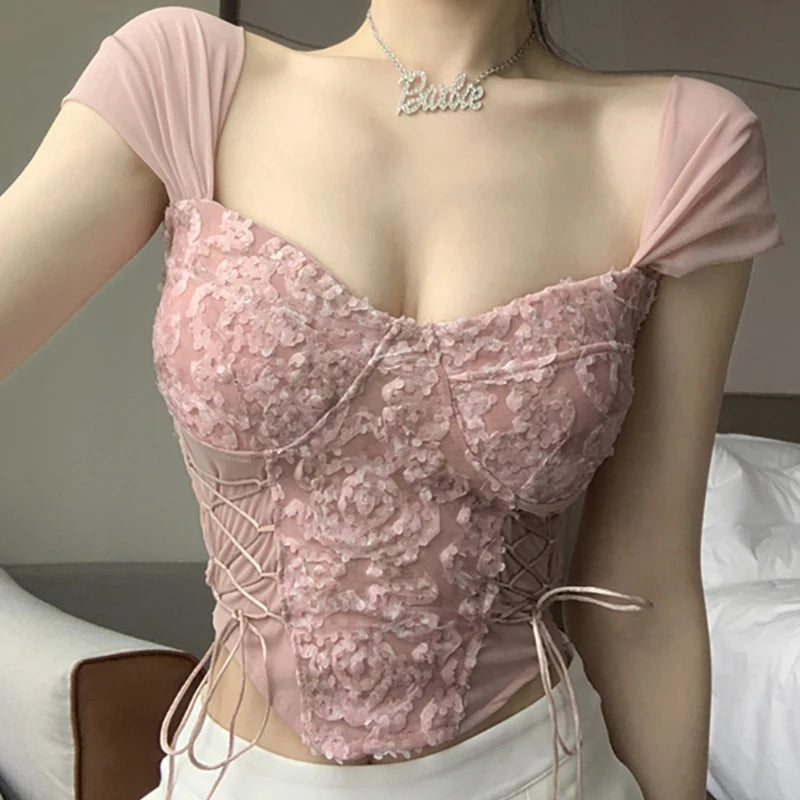 Irregular Lace Strapless Crop Top