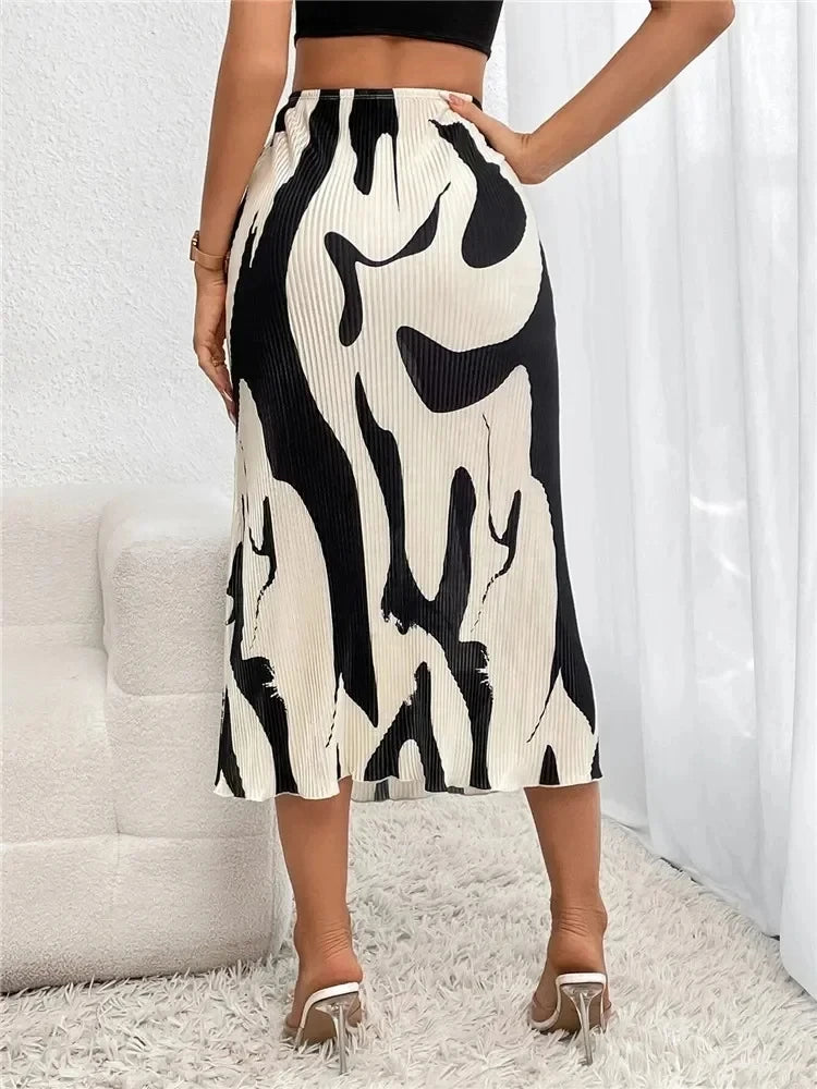 Dressy Casual Graphic Print Pleated Long Skirts Women Autumn Fashion Elastic High Waist Geometry Midi Skirt Streetwear