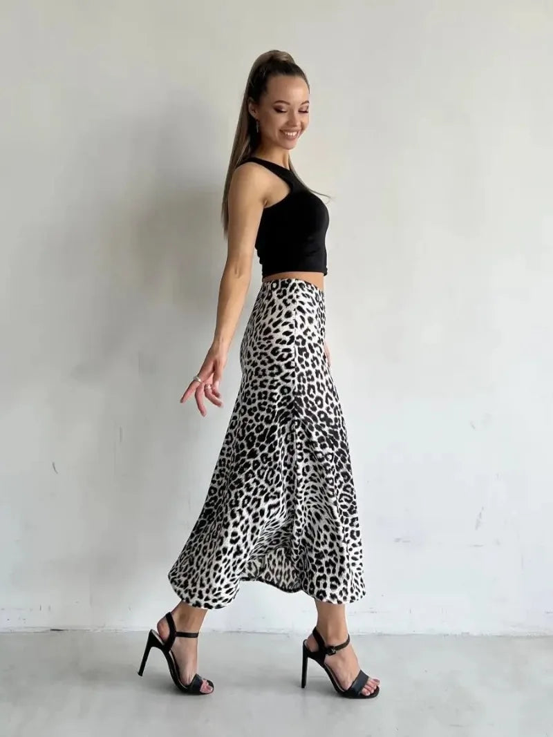 Sexy Leopard Print Long Skirts For Women 2024 Summer Fashion Vintage Women's Satin Maxi Skirt Female High Waist A-Line Skirt