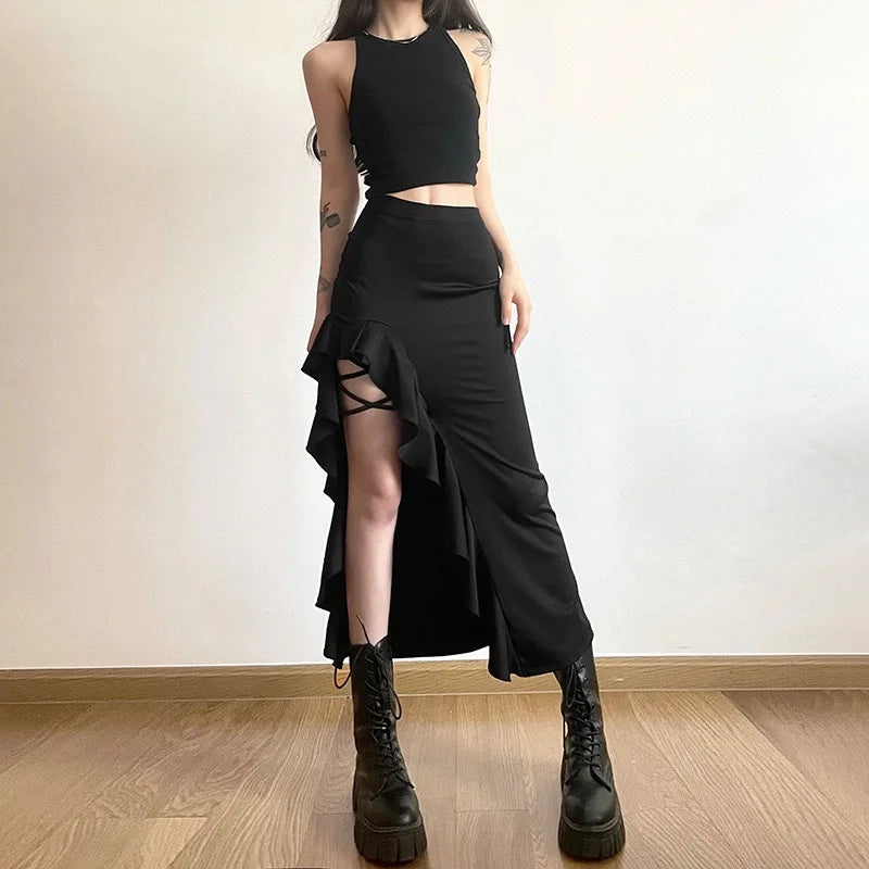 Big Size Women's Spice Girls Summer Wear Irregular Wooden Ear Edge Side Split Black Sweet Coolred Medium Long Half-body Skirt