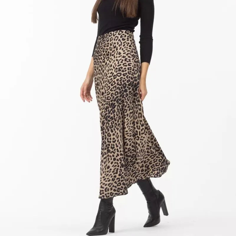 Sexy Leopard Print Long Skirts For Women 2024 Summer Fashion Vintage Women's Satin Maxi Skirt Female High Waist A-Line Skirt