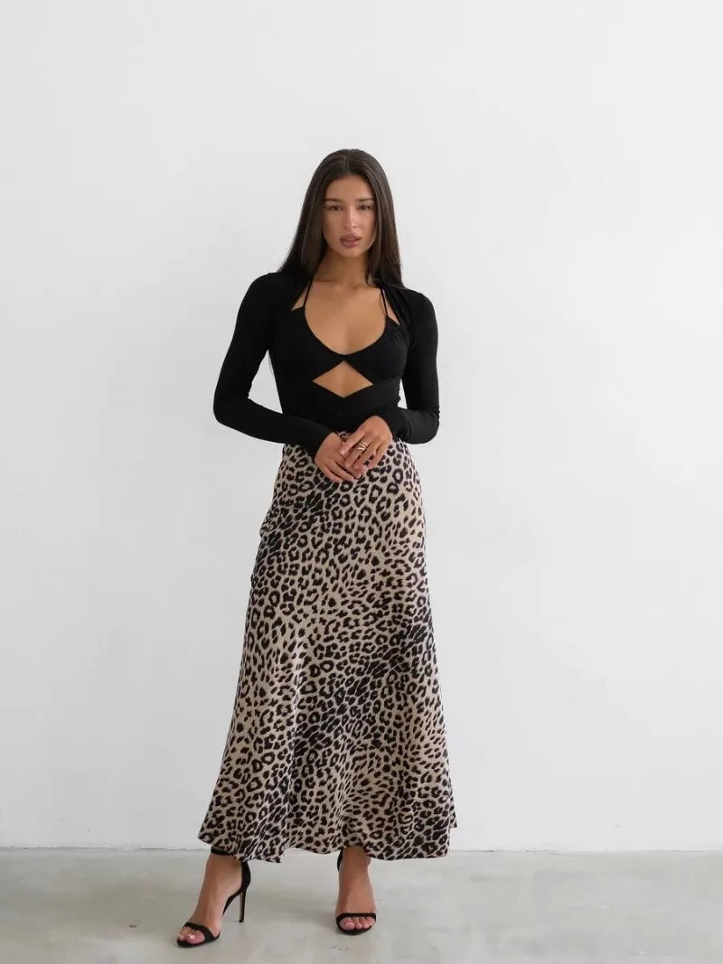 Sexy Leopard Print Long Skirts For Women 2024 Summer Fashion Vintage Women's Satin Maxi Skirt Female High Waist A-Line Skirt