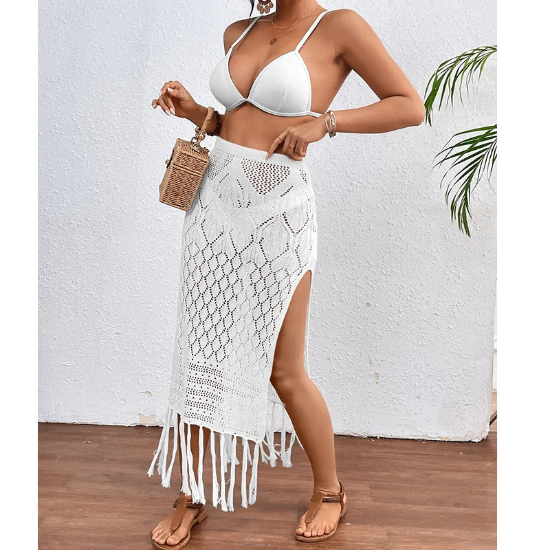 Women Knitted Texture Sarong Skirts Sexy High Slit Tassel Cover-Up Beach Summer Vacation Wrapped Skirt Bikini Cover Up