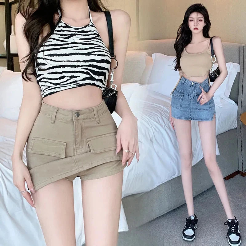 Xpqbb Summer Denim Short Skirt for Women Sexy Slim High Wiast Wrap Hip Mini Skirts Woman Korean Chic Pockets Shorts Jeans Skirt