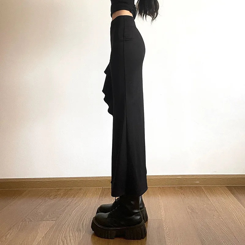 Big Size Women's Spice Girls Summer Wear Irregular Wooden Ear Edge Side Split Black Sweet Coolred Medium Long Half-body Skirt