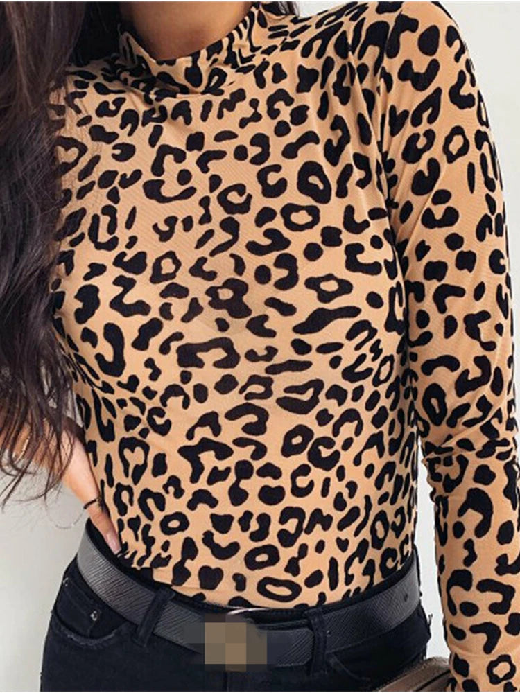 Leopard Print Turtle Neck Blouse