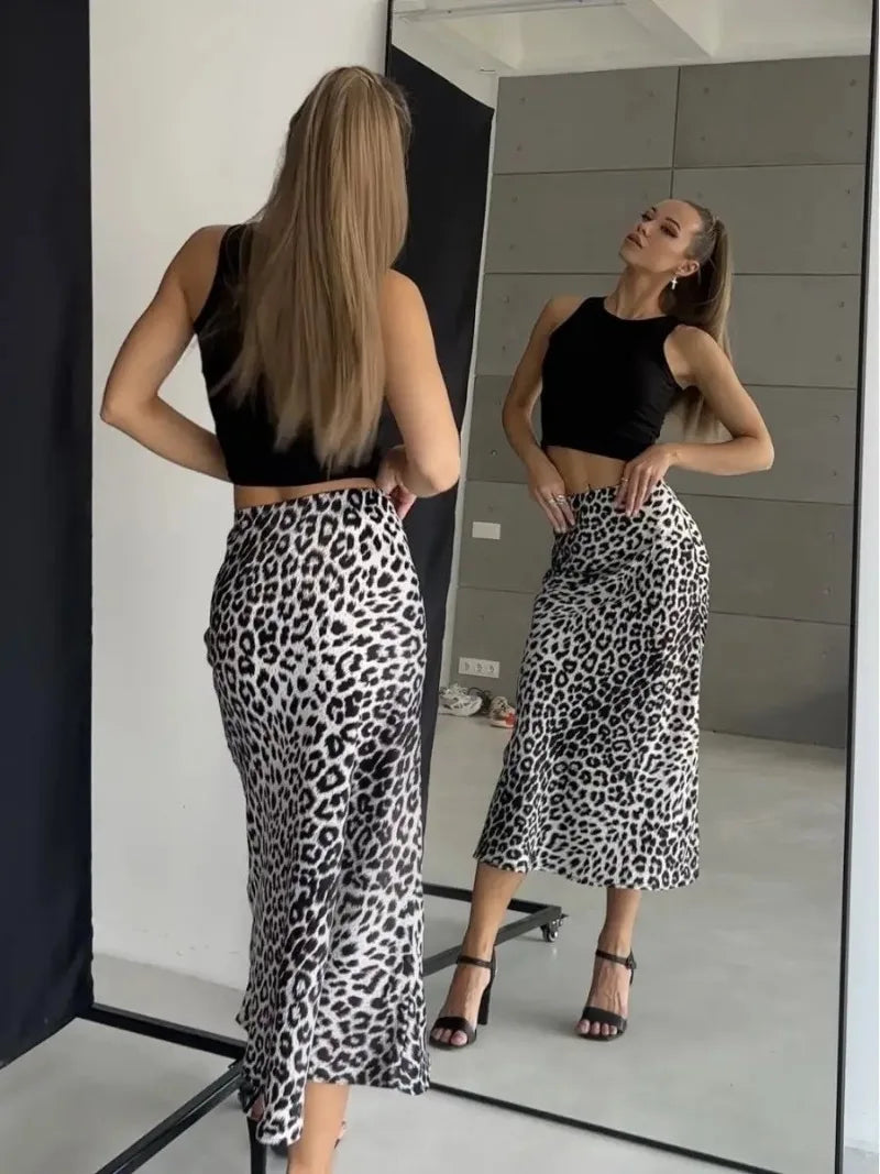 Sexy Leopard Print Long Skirts For Women 2024 Summer Fashion Vintage Women's Satin Maxi Skirt Female High Waist A-Line Skirt