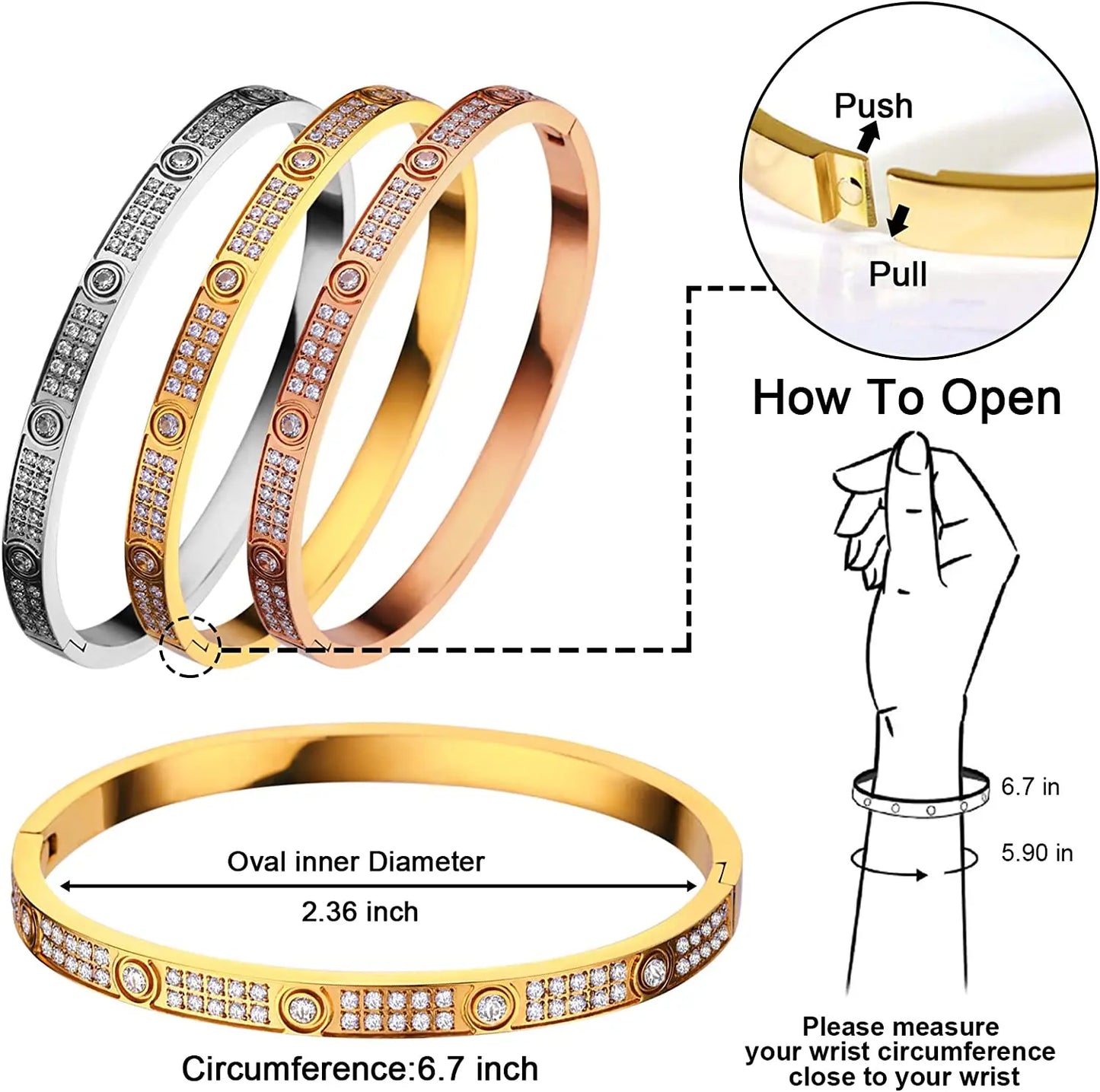 New Design Gold Color titanium steel Zircon And Cross Nut Nail Bracelet & Bangle For Woman Stainless Steel Snap Brand Jewelry