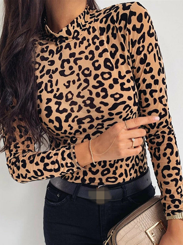 Leopard Print Turtle Neck Blouse