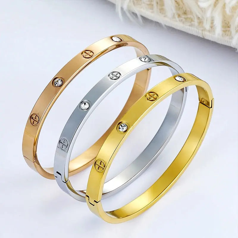 New Design Gold Color titanium steel Zircon And Cross Nut Nail Bracelet & Bangle For Woman Stainless Steel Snap Brand Jewelry