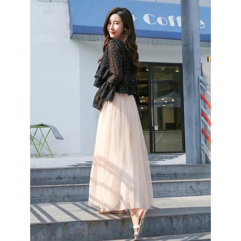 Vintage Tulle Skirt Women Streetwear Elastic High Waist Mesh Pleated Skirts Summer Elegant Korean A Line Office Ladies Skirt New