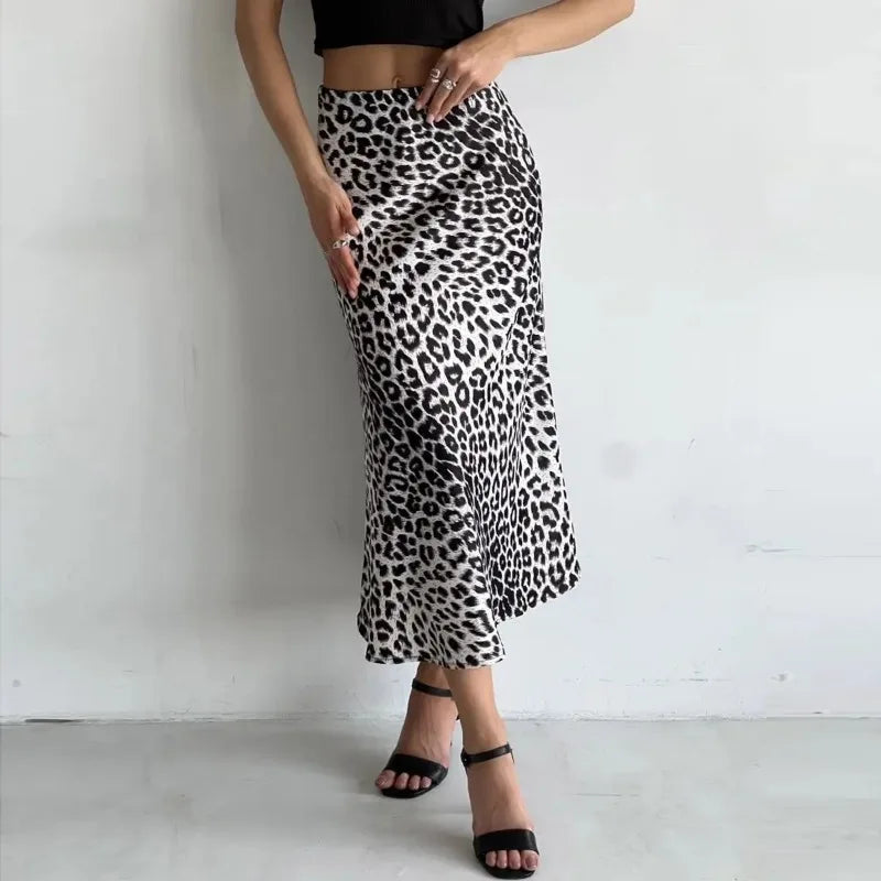 Sexy Leopard Print Long Skirts For Women 2024 Summer Fashion Vintage Women's Satin Maxi Skirt Female High Waist A-Line Skirt