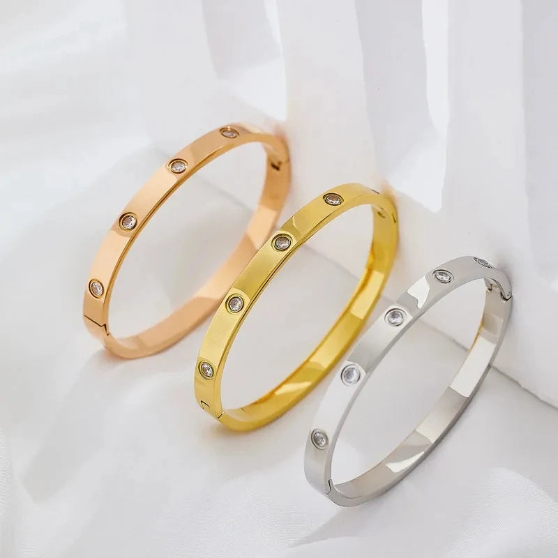 New Design Gold Color titanium steel Zircon And Cross Nut Nail Bracelet & Bangle For Woman Stainless Steel Snap Brand Jewelry