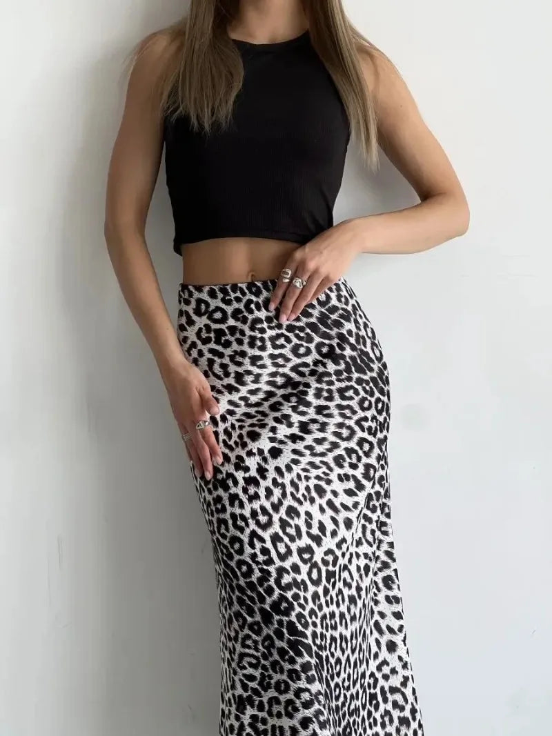 Sexy Leopard Print Long Skirts For Women 2024 Summer Fashion Vintage Women's Satin Maxi Skirt Female High Waist A-Line Skirt