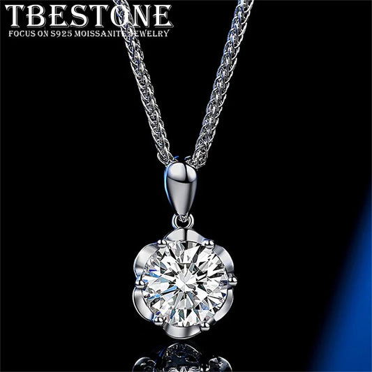 Tbestone 2ct Moissanite Diamond Flower Pendant Necklace 100% 925 Sterling Silver Fashion Chopin Chain Women Brand Fine Jewelry