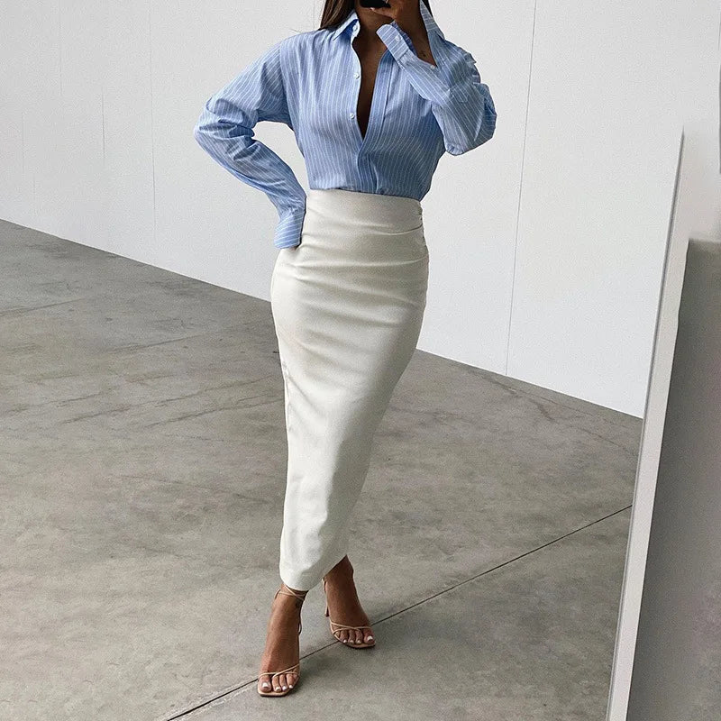 Elegant Skirt Office Lady Fashion Ruched PU Leather Midi Skirts Women Slim High Waist Black Skirts Spring Autumn Bottom 2023 New