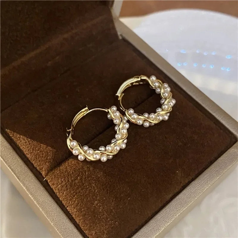 Fashion Pearl Earrings Women Girl Simple Gold Color Temperament Circle Earrings Daily Shopping Dating Earrings Jewelry Accessory