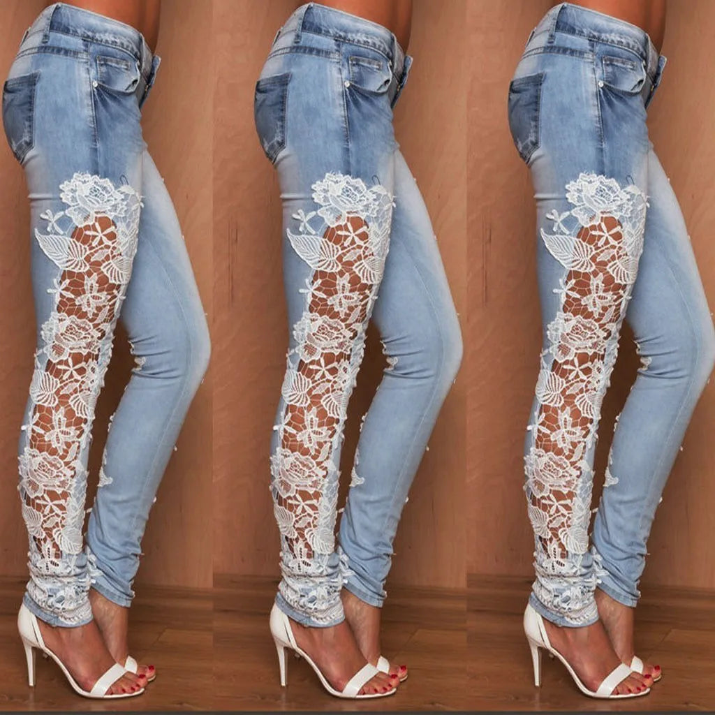 Floral Lace Applique Flare Jeans