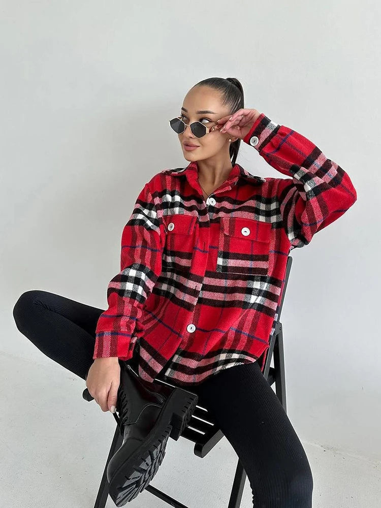 Autumn New Casual Long sleeved Plaid Shirt Cardigan Turn Down Collar Checkered Shirt Casual Loose Basic Blouse for Women