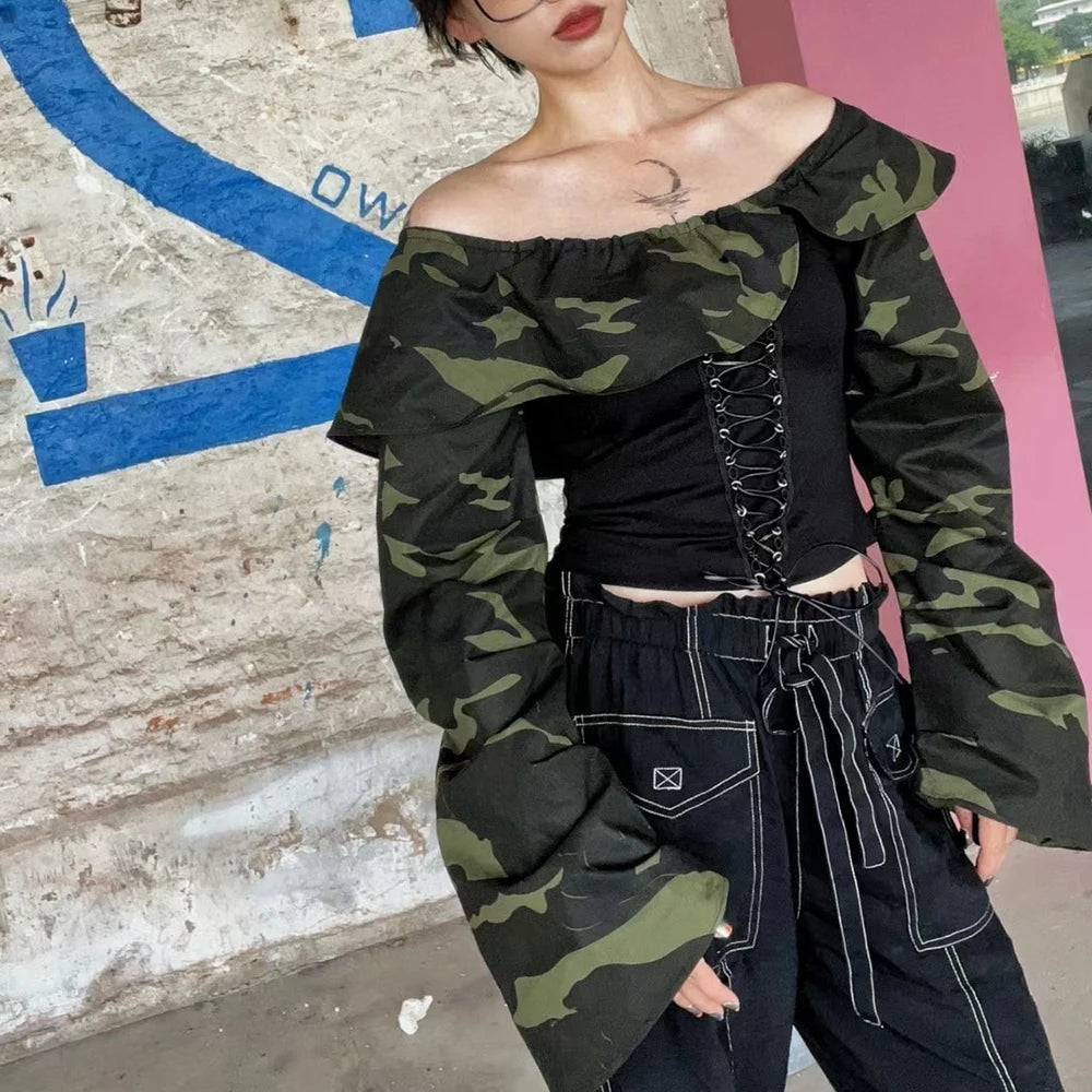 TWOTWINSTYLE Camouflage Chic Shirt For Women Slash Neck Long Sleeve Patchwork Drawstring High Street Blouse Female Fashion Style