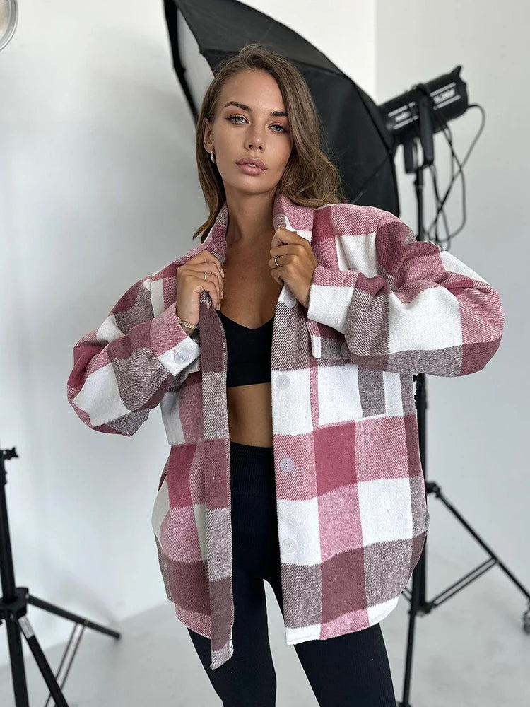 Autumn New Casual Long sleeved Plaid Shirt Cardigan Turn Down Collar Checkered Shirt Casual Loose Basic Blouse for Women